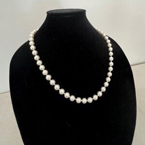 Vtg Simulated Pearl 9.8 mm 21" Necklace with Gold Tone Filigree Clasp